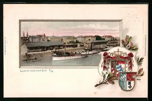 Passepartout-Lithographie Ludwigshafen a. Rh., Güterbahnhof am Hafen vor Stadtpanorama, Wappen