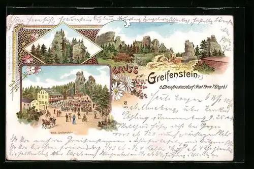 Lithographie Ehrenfriedersdorf bei Thum /Erzgeb., Hotel Greifenstein, Burgruine