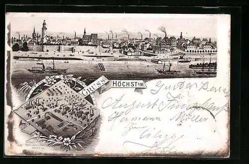 Lithographie Höchst a. M., Panorama der Stadt vom Main aus gesehen, Farbwerke aus der Vogelschau