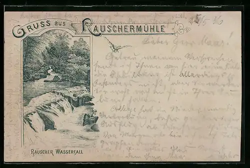 Lithographie Plaidt-Rauschermühle, Rauscher Wasserfall