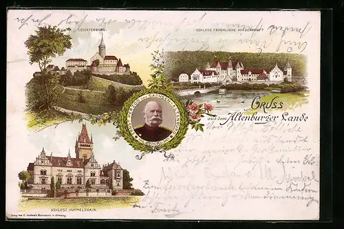 Lithographie Altenburg, Portrait Herzog Ernst von Sachsen-Altenburg, Schlösser Leuchtenburg, Hummelshain, Wiederkunft