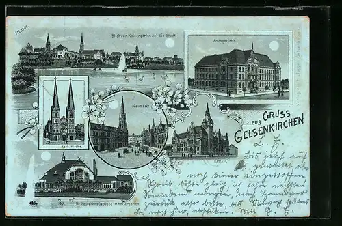 Mondschein-Lithographie Gelsenkirchen, Ortsansicht vom Kaisergarten aus, Neumarkt, Restaurations-Gebäude im Kaisergarten