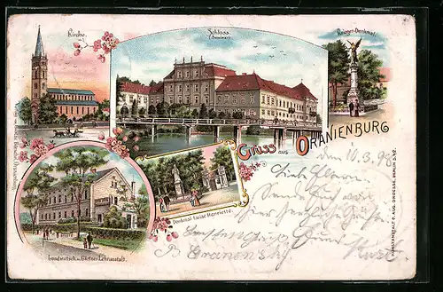 Lithographie Oranienburg, Landwirtschafts- und Gärtner-Lehranstalt, Denkmal Luise Henriette, Schloss