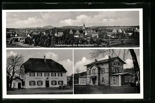 AK Unterböbingen /Kr. Schw. Gmünd, Ortspanorama, Gasthaus zur Krone und Bahnhof