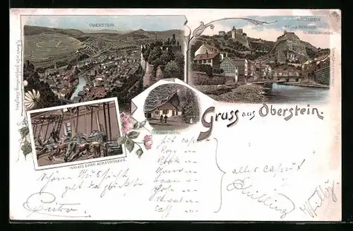 Lithographie Oberstein, Totalansicht mit Neuem Schloss und Felsenkirche, Inneres einer Achatschleife