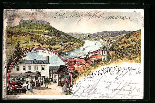 Lithographie Lilienstein i. sächs. Schweiz, Totalansicht mit Hotel und Restauration