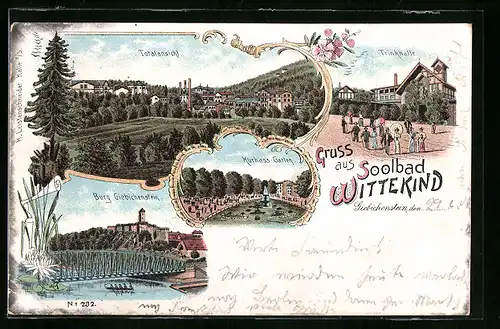 Lithographie Giebichenstein, Totalansicht mit Trinkhalle, Soolbad Wittekind, Kurhaus, Burg