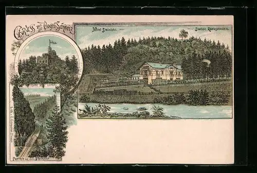 Lithographie Liebau i. Vogtl. Schweiz, Hotel Steinicht, Ruine Liebau