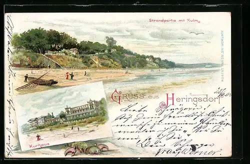 Lithographie Heringsdorf, Strandpartie mit Kulm, Kurhaus