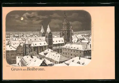 Winter-Lithographie Heilbronn, Ortsansicht aus der Vogelschau im Mondschein