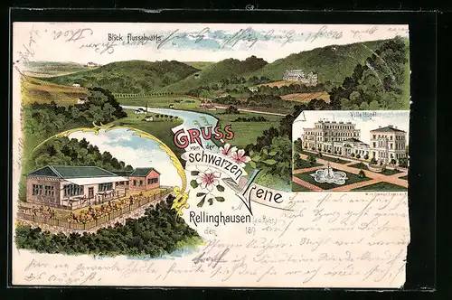 Lithographie Rellinghausen a. d. Ruhr, Schwarze Lene, Blick flussabwärts, Villa Hügel, Gasthaus