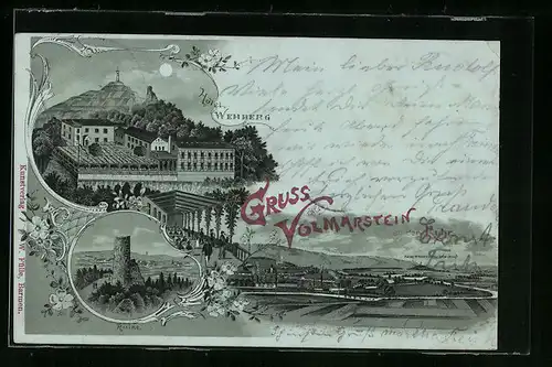 Mondschein-Lithographie Volmarstein a. d. Ruhr, Hotel Wehberg, Ruine