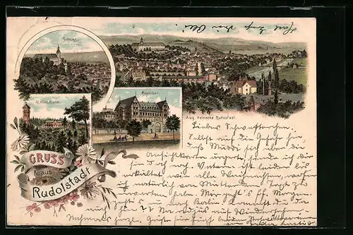 Lithographie Rudolstadt, Totalansicht mit Schloss und Marienthurm