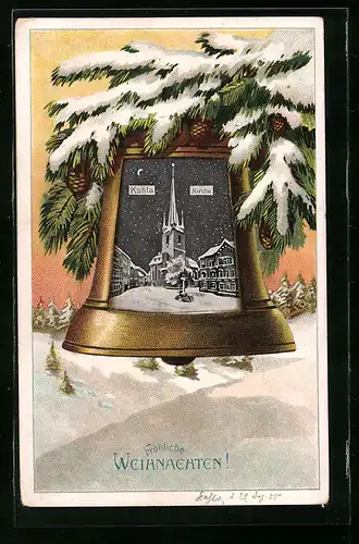 Künstler-AK Kahla, Fröhliche Weihnachten, Kirche im Schnee, Glocke