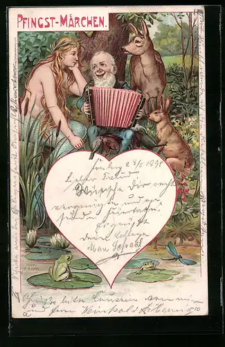 Künstler-AK Pfingst-Märchen, Nixe lauscht dem Akkordeonspiel eines Zwerges