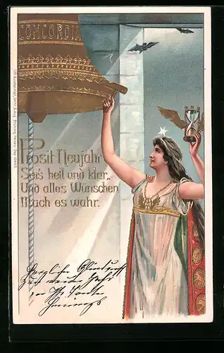 Präge-AK Allegorische Frauengestalt mit Sanduhr schlägt Concordia Glocke an, Neujahrsgruss, Jugendstil