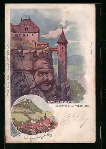 Lithographie Schwenke Ser. 1 Nr. 6: Festung Königstein, Hungerturm oder Türkenloch, Berg mit Gesicht / Berggesichter