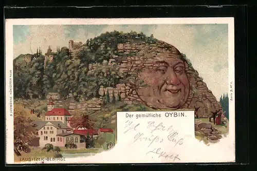 Lithographie Schwenke Ser. 5 Nr. 1: Oybin, Ort und Berg, Berg mit Gesicht / Berggesichter