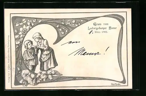 AK Ludwigsburg, Bazar März 1902, Speisung eines Knaben, Jugendstil