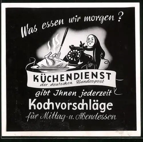 Fotografie Reklame Küchendienst der deutschen Bundespost, vermenschlichtes Telefon