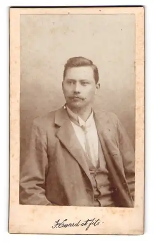 Fotografie J. Enard e fils, Delemont, bürgerlicher Mann mit Schnurrbart im Anzug mit Krawatte
