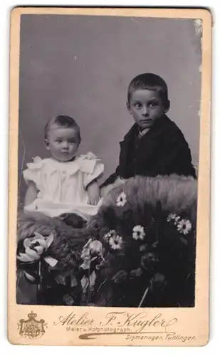 Fotografie F. Hugler, Sigmaringen, Krauchenwieserstrasse, Junge im Anzug und Mädchen im weissen Kleid auf einem Fell