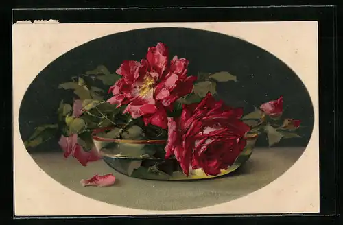 Künstler-AK Catharina Klein: Rote Rosen in einer Glasschale