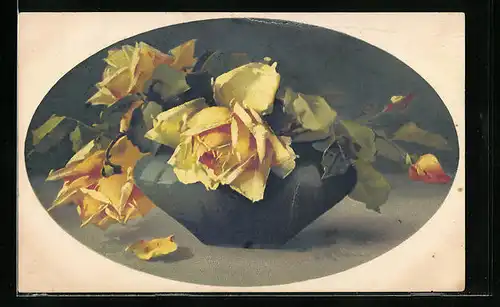 Künstler-AK Catharina Klein: Gelbe Rosen in bauchiger Vase