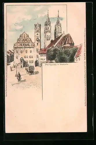 Lithographie Oschatz, Marktplatz mit Kirche und Planwagen