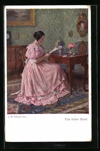 Künstler-AK M. Munk Nr. 1130: Von lieber Hand, Frau mit Brief am Tisch