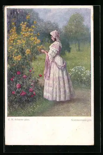 Künstler-AK M. Munk Nr. 1130 b: Sommermorgen, Fräulein pflückt Blumen