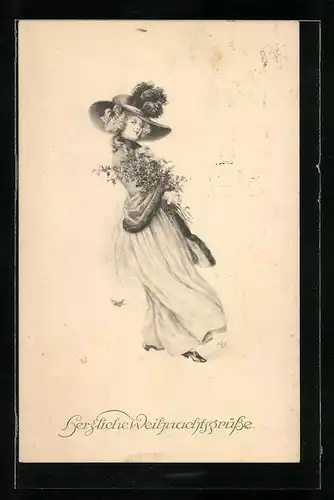 Künstler-AK M. Munk Nr. 1154: Fräulein mit Blumen, Weihnachtsgruss