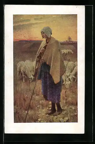 Künstler-AK M. Munk Nr. 1261: Schafhirtin mit Herde