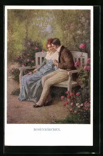 Künstler-AK M. Munk Nr. 1249: Rosenmärchen, Paar auf einer Parkbank