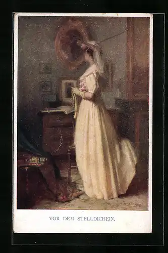 Künstler-AK M. Munk Nr. 1242: Junge Frau vor dem Stelldichein