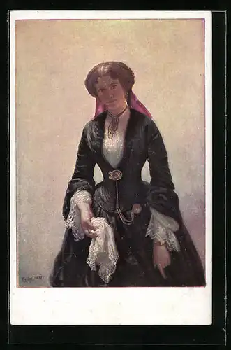 Künstler-AK M. Munk Nr. 1293: Junge Frau im Kleid mit Taschentuch