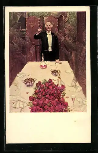 Künstler-AK M. Munk Nr. 455: Älterer Herr mit Glas an der Tafel