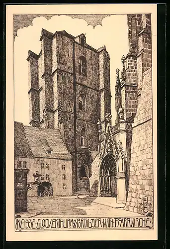 Künstler-AK Neisse, Glockenthurm & Portal der Kath. Pfarrkirche