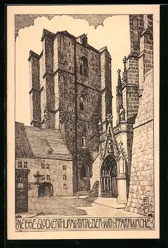 Künstler-AK Neisse, Glockenturm & Portal der Kath. Pfarrkirche