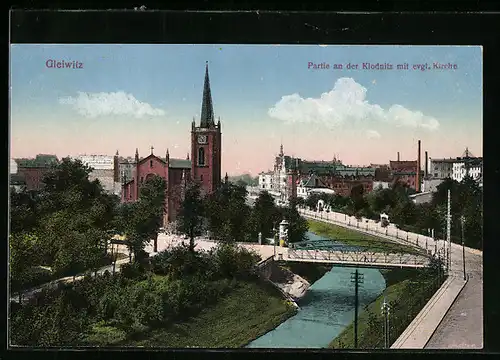 AK Gleiwitz, Partie an der Klodnitz mit evgl. Kirche