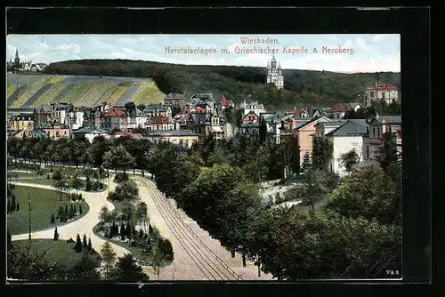 AK Wiesbaden, Nerotalanlagen mit Griechischer Kapelle und Neroberg