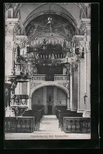 AK Comburg bei Hall, Innenansicht der Kirche mit Kronleuchter