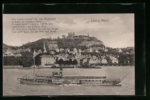 AK Linz a. Rhein, Ortsansicht mit Rheindampfer