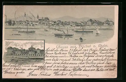 Lithographie Höchst a. Main, Uferpartie mit Kirche, Ortspartie