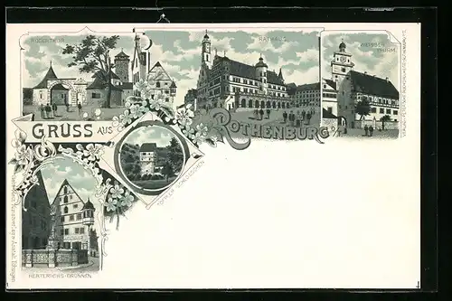 Lithographie Rothenburg o. T., Rathaus, Töppler Schlösschen, Rödertor
