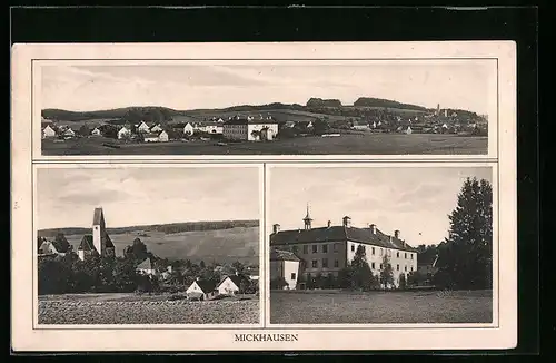 AK Mickhausen, Teilansicht, Ortspartie mit Kirche, Gebäudeansicht
