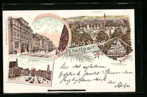 Lithographie Stuttgart, Schlossplatz, Eberhard-Gruppe im Schlossgarten, Marktplatz