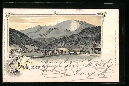 Lithographie Benediktbeuern, Ortspartie mit Kirche und Eisenbach