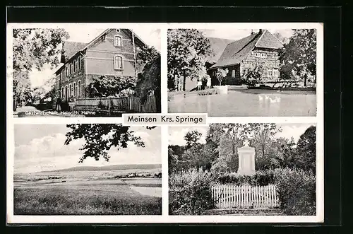 AK Meinsen /Krs. Springe, Gasthaus Heinrich Hahne, Uferpartie, Denkmal