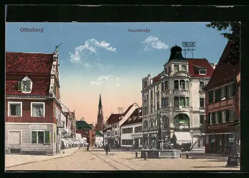 AK Offenburg, Hauptstrasse mit Geschäften und Einhorn-Apotheke